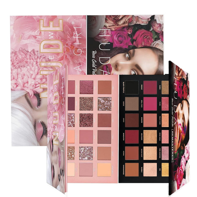HUDA GIRL Beauty Rose Gold Remastered + Nude Edition Eyeshadow Palette Combo Kit - 36 Matte