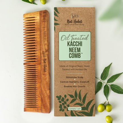 Nat Habit Kacchi Neem Wooden Comb, Soaked In 17 Herbs Neem & Sesame Oil