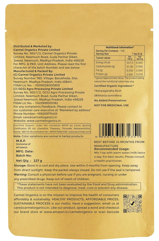 CARMEL ORGANICS Ashwagandha Root Powder (227 Grams)