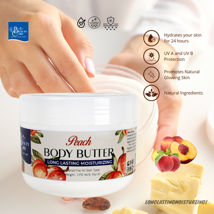 GC Beauty Care Peach Body Butter – 170ml / 5.7oz – Long-Lasting Moisturizer with UVA & UVB Protection – For All Skin Types