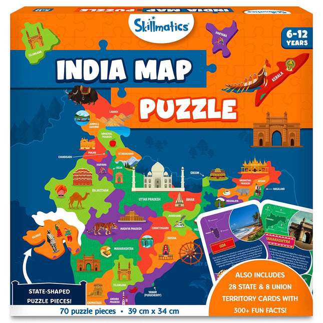 Skillmatics India Map Puzzle - 70 Pieces, Educational Toy for Learning 300+ for Ages 6 to 12 Kids