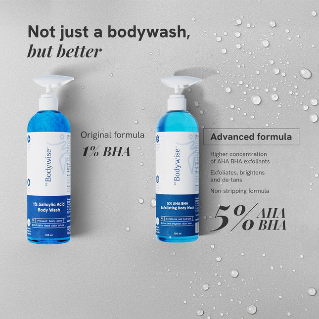 Be Bodywise 5% AHA BHA Exfoliating Body Wash | Infused with 3% Lactic Acid, 1% Salicylic Acid, 1% Glycolic Acid | 700ml
