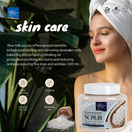 GC Beauty Care Exfoliating & Detoxifying Face & Body Scrub – Rice Milk (500ml) For All Skin Types – Natural Exfoliation & Skin Whitening