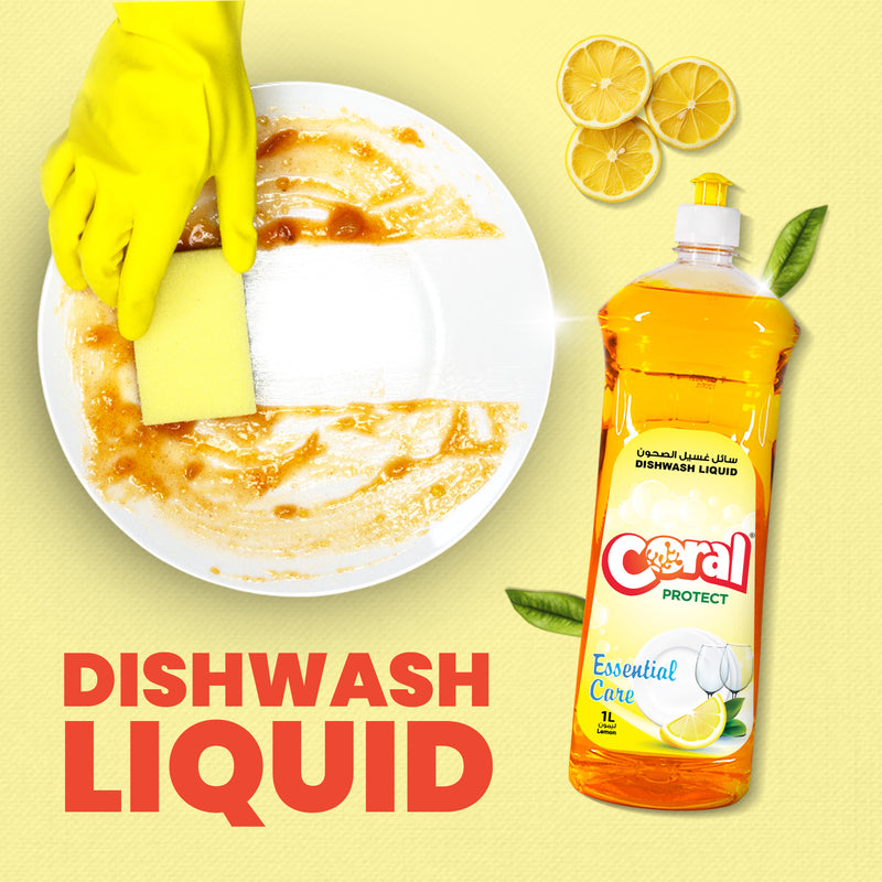 Coral Protect Lemon Dishwash Liquid - Premium Antibacterial 1L | Gentle on Hands, Tough on Grease & Sparkling Shine