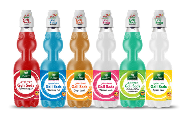 Flavory Goli Soda Carbonated Soft Drinks,Non alcoholic Flavoured Cool Drink, Indian Style Soda with Free Marble, Assorted - 6x300ml