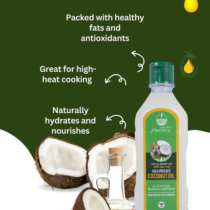 Flavory Cold Pressed Coconut Oil, Pure & Natural Oil for Cooking and Skincare, 500ml