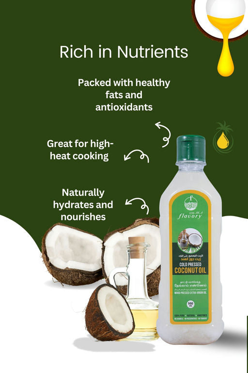 Flavory Cold Pressed Coconut Oil, Pure & Natural Oil for Cooking and Skincare, 500ml