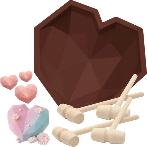 Buy and Bill 3D Diamond Heart Shape Chocolate Mold with 4pc mini Hammer - Perfect for Creative Baking!