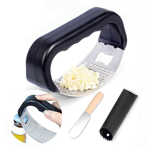 Buy and Bill 2-in-1 Stainless Steel Garlic Press Rocker with Bottle Opener, Silicone Peeler, and Spreader Knife