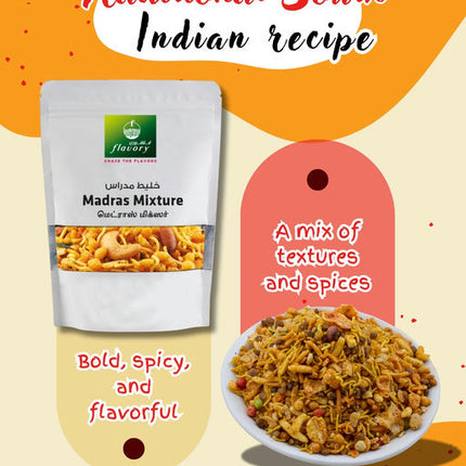 Flavory Madras Mixture, Traditional South Indian Snack Made with Mixed Lentils, Nuts & Spices, Crispy & Spicy, 100g