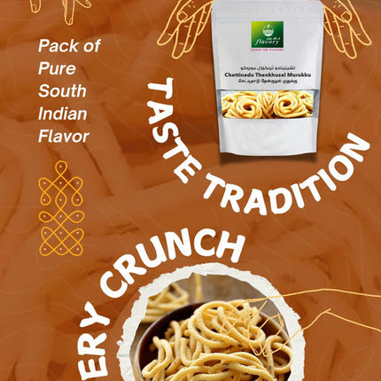 Flavory Chettinadu Thenkuzhal Murukku (Chettinad Crispy Rice Snack), Traditional South Indian Snack Made with Rice Flour & Spices, Crispy & Savory, 100g