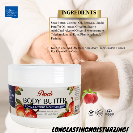 GC Beauty Care Peach Body Butter – 170ml / 5.7oz – Long-Lasting Moisturizer with UVA & UVB Protection – For All Skin Types
