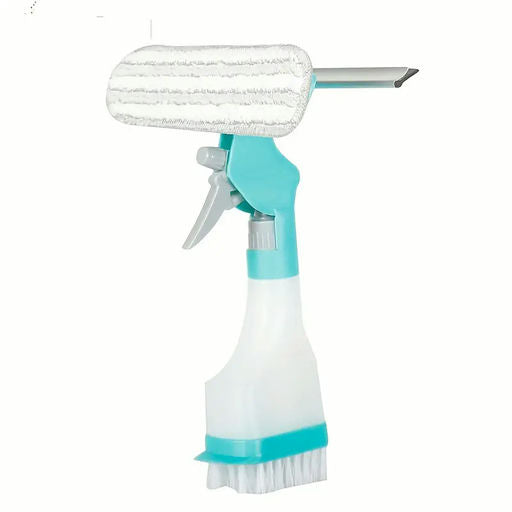 Multi-Purpose Window Cleaning Squeegee with Built-in Spray Bottle and Brush, Plastic Window Cleaner for Bedroom, Bathroom, Kitchen, Car, and Glass Surfaces