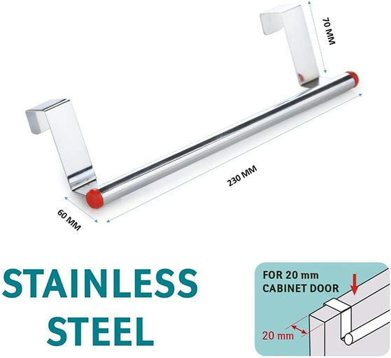 Buy and Bill Over Cabinet Door Kitchen Towel Holder - Stainless Steel (Length: 23 cm, Silver-Red)